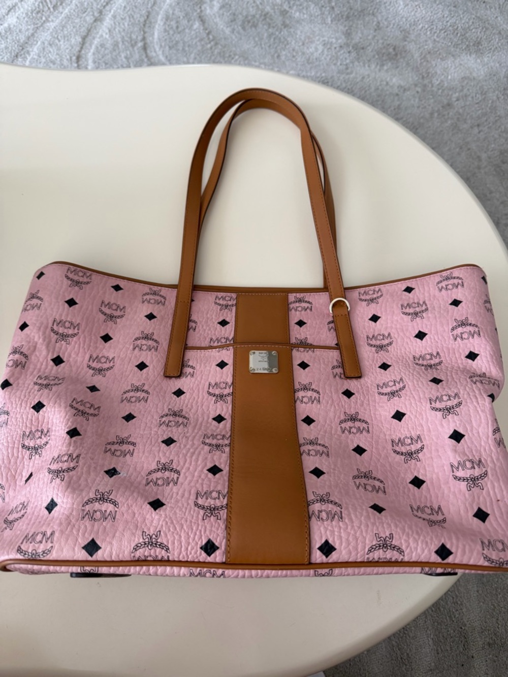 MCM Pink Monogram Tote with Brown Leather Trim